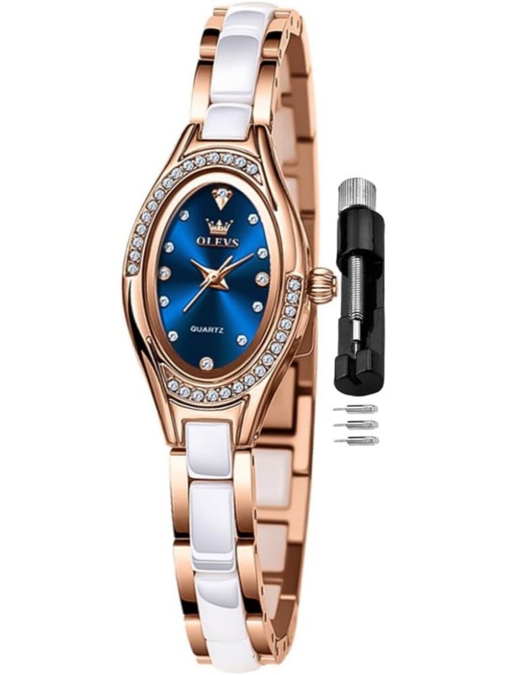 Women's Rose Blue Oval Luxury Diamond Quartz Elegant Ceramic Band Wrist Watch